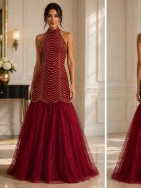 Anny Lee Burgundy Gold Rhinestone Tulle Dress
